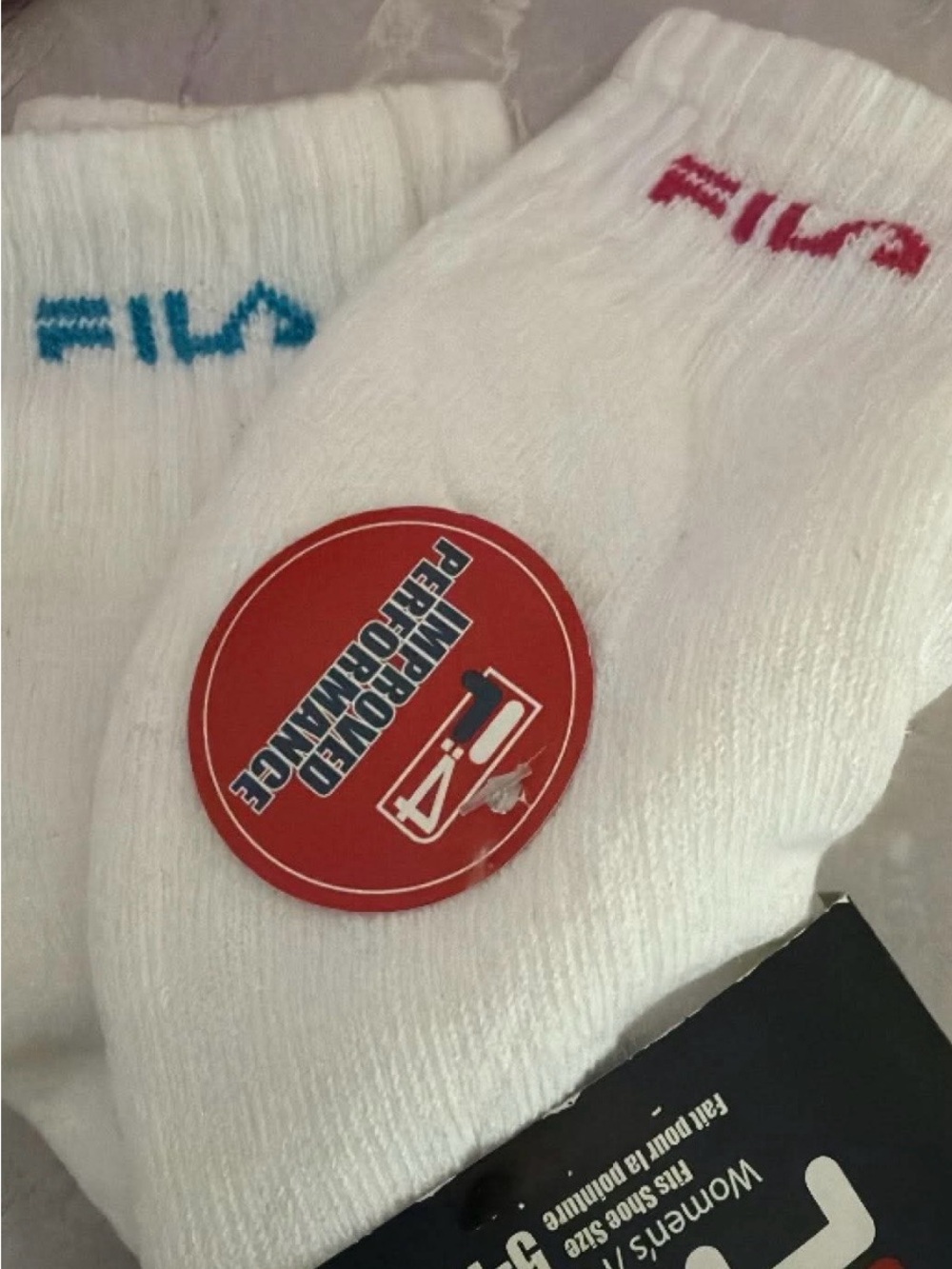 Fila White Crew Athletic Socks with Blue and Pink Logo Accents
